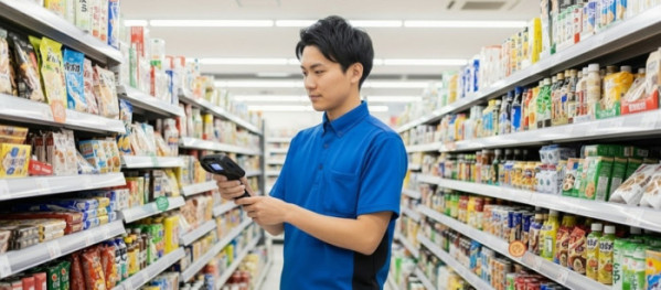 ▲직원이 매장 내 진열대에서 상품의 RFID 태그를 점검하고 있다. 태그 정보를 단말기로 스캔해 재고 현황과 유통기한을 실시간으로 확인하는 모습이다.(LIFE 제공)