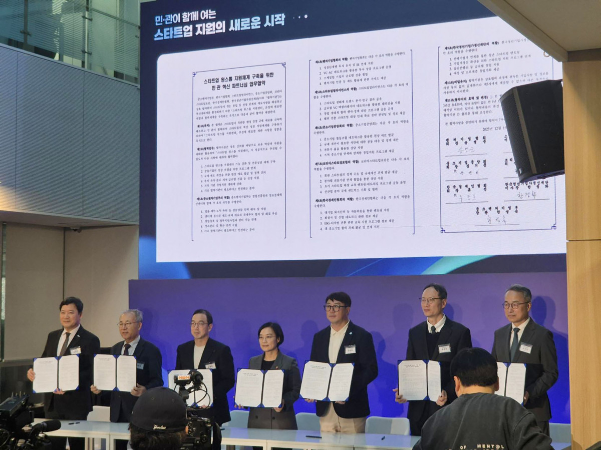 ▲1일 경기 성남 경기 스타트업 원스톱 지원센터에 열린 '전국 스타트업 원스톱 지원센터 출범식'에서 중소벤처기업부와 한국경제인협회 등 주요 민간 협단체가 함께 민·관 협력 파트너십 업무협약(MOU)을 체결한 후 기념 촬영을 하고 있다. (한경협)
