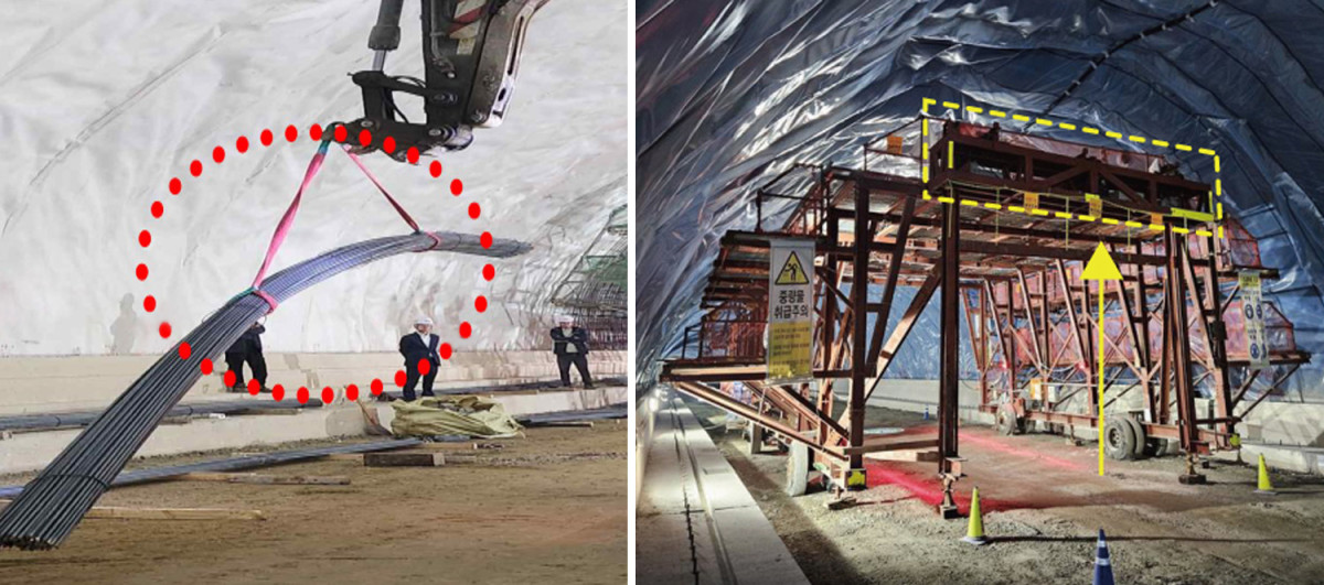 ▲기존에 터널공사 현장에서 중장비를 이용해 자재를 옮기는 모습(왼쪽)과 롯데건설 터널공사 현장에서 작업대차에 설치한 양중리프트를 이용해 자재를 옮기는 모습. (사진제공=롯데건설)