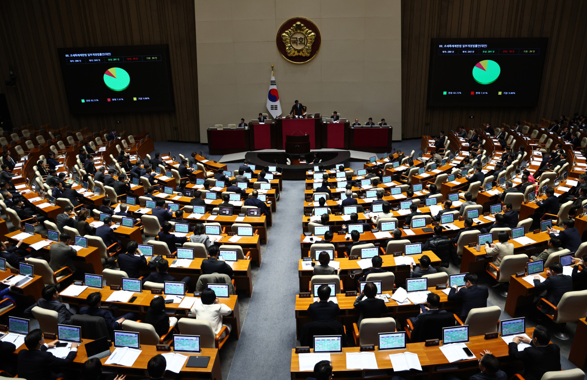 ▲2일 오후 서울 여의도 국회에서 열린 본회의에서 조세특례제한법 일부개정법률안이 통과되고 있다. 2025.12.02. (뉴시스)