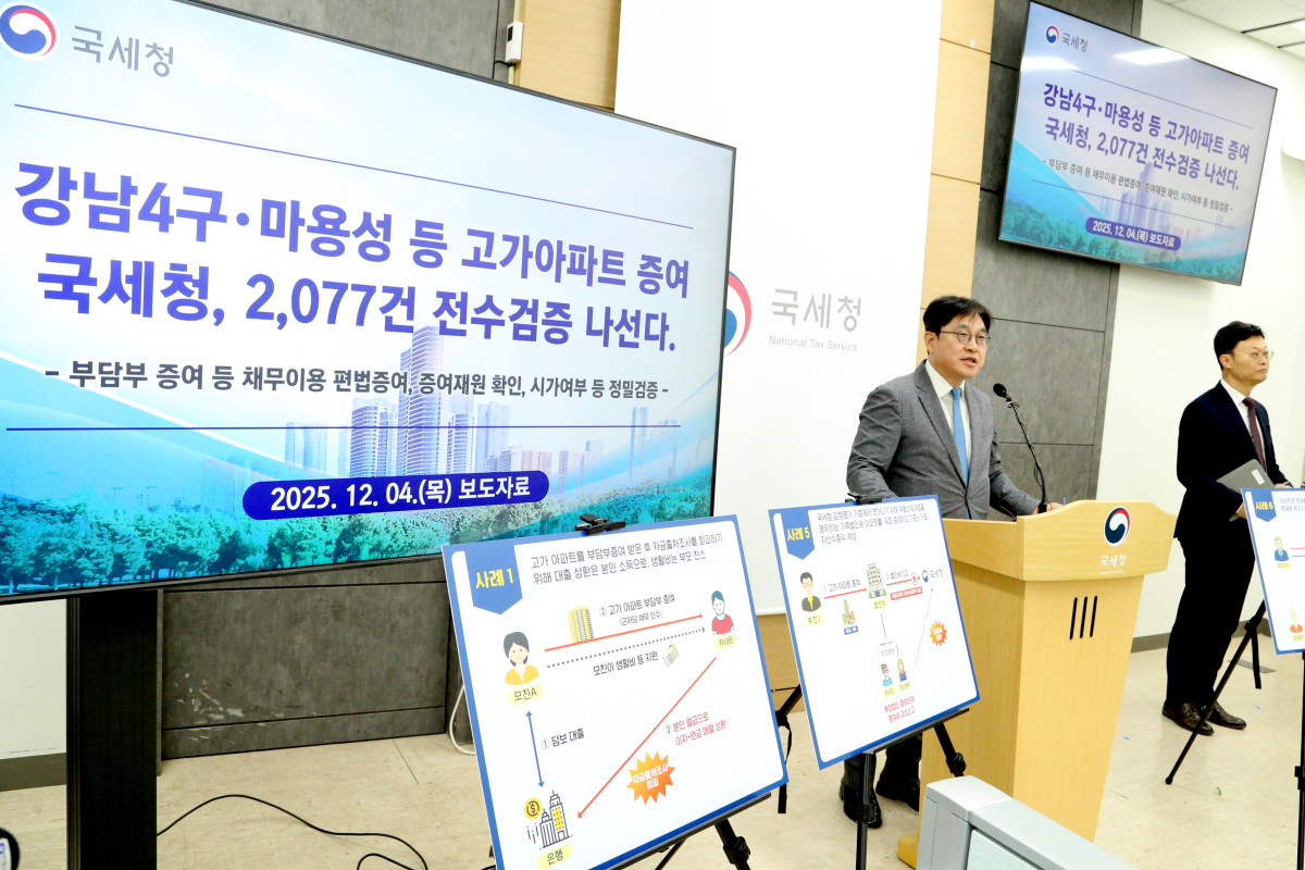 ▲오상훈 국세청 자산과세국장이 4일 정부세종청사에서 ‘강남4구·마용성 등 고가 아파트 증여’ 전수 검증 착수 브리핑을 열고 탈세 등 탈루 행위에 대해 설명하고 있다. (사진제공=국세청)