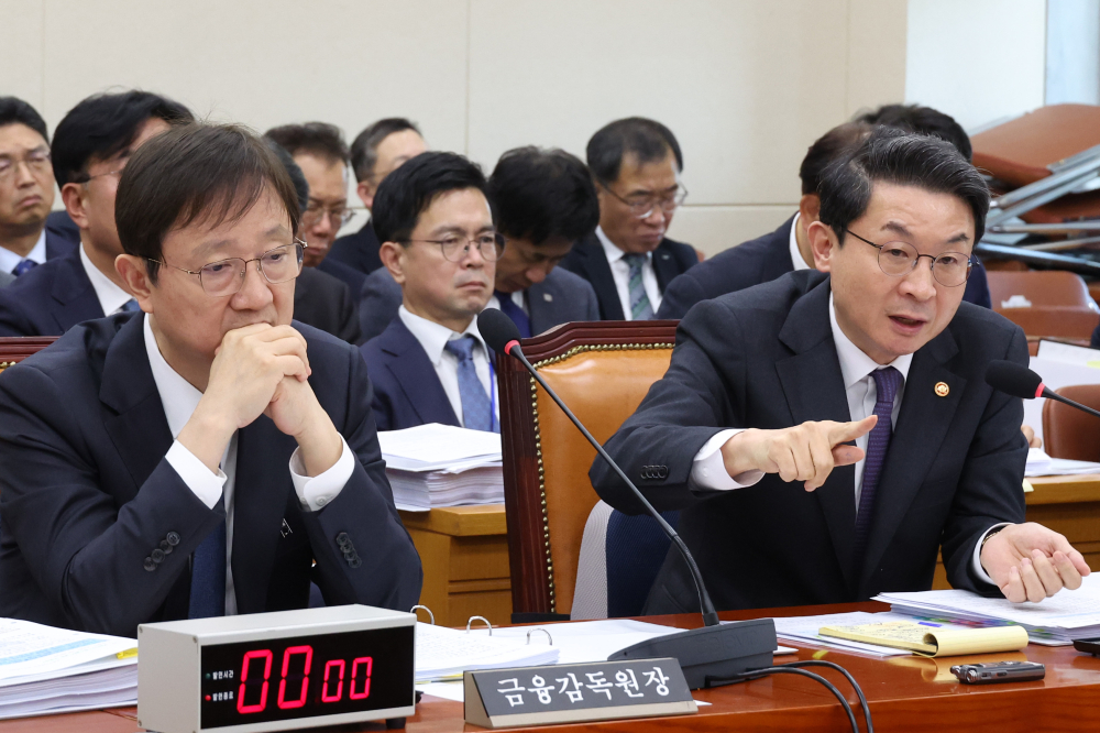 ▲이억원(오른쪽) 금융위원장과 이찬진 금융감독원장이 27일 서울 여의도 국회에서 정무위원회에서 열린 종합감사에서 의원 질의에 답하고 있다. 고이란 기자 photoeran@ (이투데이DB)