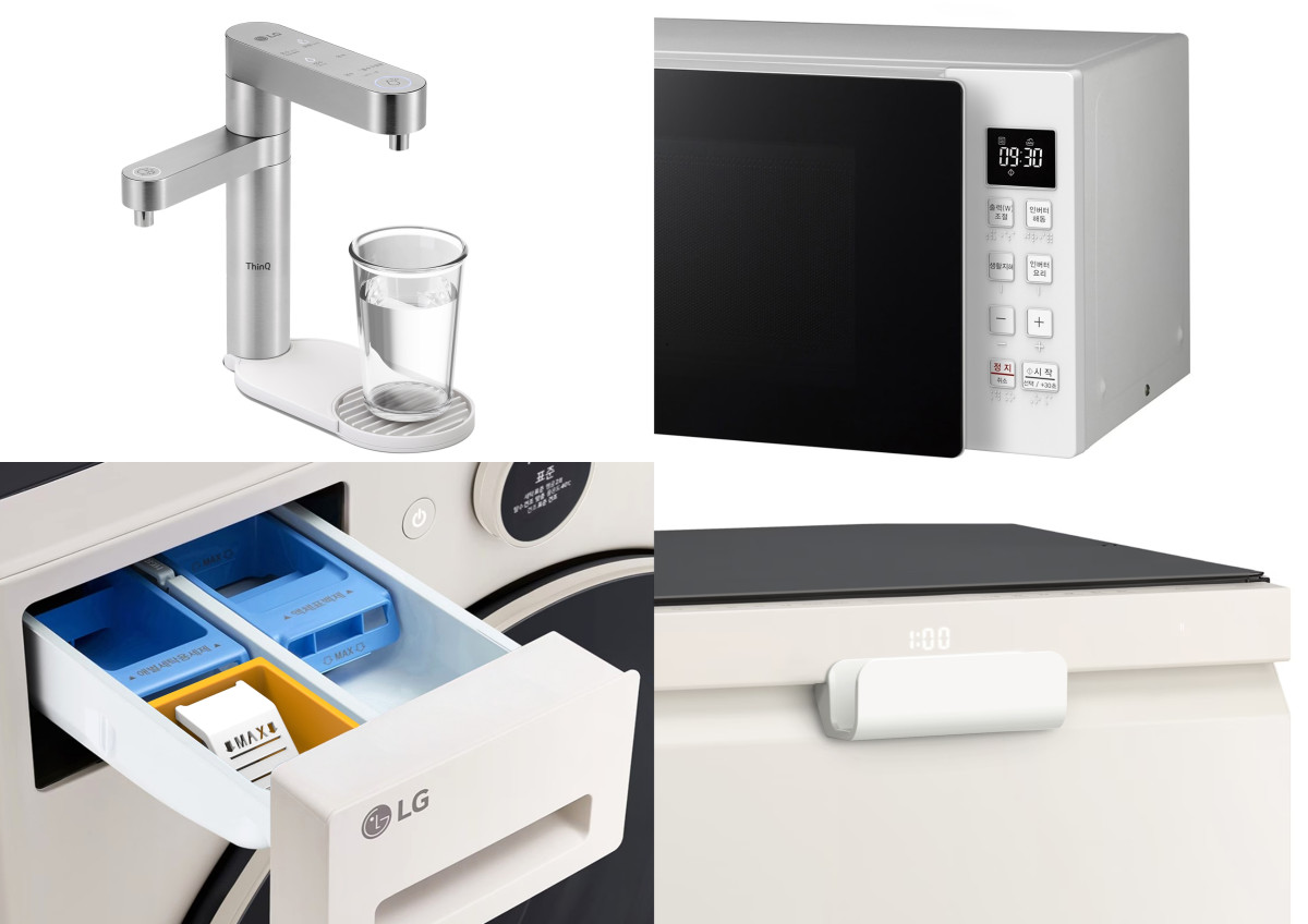 ▲LG전자가 성별∙나이∙장애 유무와 상관없이 모든 고객이 가전을 편리하게 사용하도록 자체 개발한 보조 액세서리 ‘LG 컴포트 키트’의 신규 라인업 4종을 공개했다. 왼쪽 상단부터 시계 방향으로 △정수기 이지트레이(물받침) △전자레인지 터치가이드 △식기세척기 이지핸들(도어) △세탁기 이지세제컵. (사진제공=LG전자)