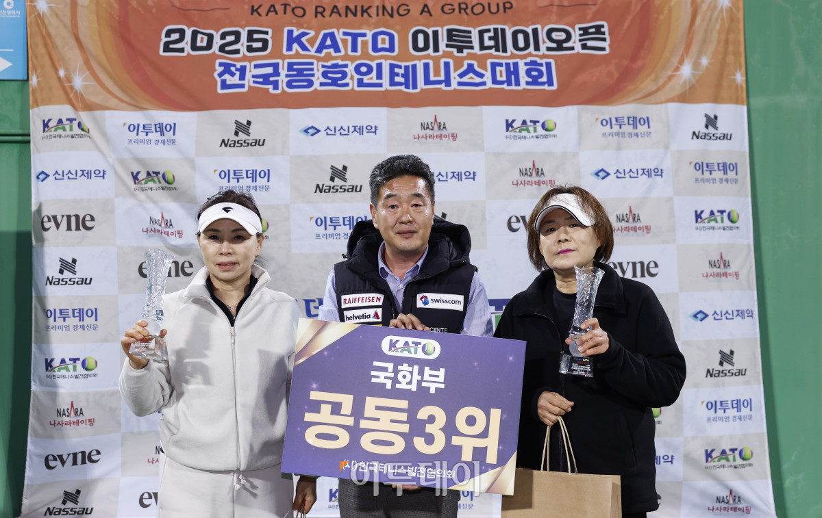▲7일 인천 부평구 열우물 테니스장에서 열린 2025 KATO 이투데이 오픈 전국동호인 테니스 대회 시상식에서 국화부 공동3위조인 김선화(왼쪽), 윤정미 선수와 시상자인 한수명 인천광역시 테니스협회장이 기념촬영을 하고 있다. 조현호 기자 hyunho@