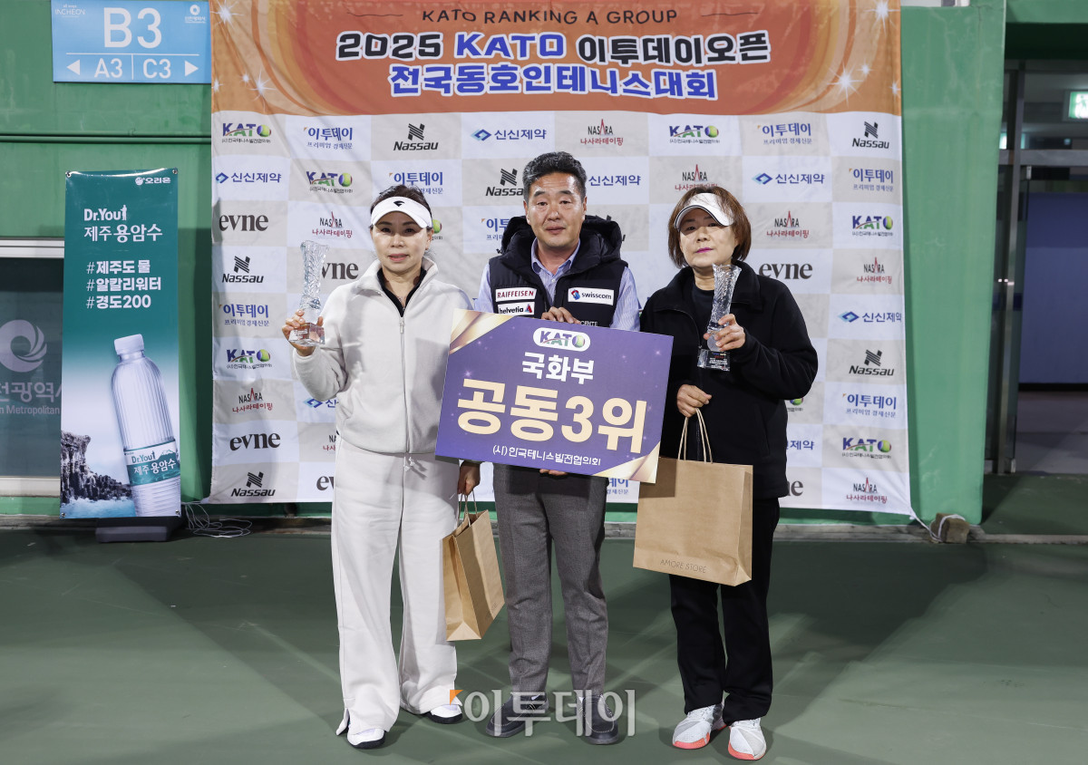 ▲7일 인천 부평구 열우물 테니스장에서 열린 2025 KATO 이투데이 오픈 전국동호인 테니스 대회 시상식에서 국화부 공동3위조인 김선화(왼쪽), 윤정미 선수와 시상자인 한수명 인천광역시 테니스협회장이 기념촬영을 하고 있다. 조현호 기자 hyunho@
