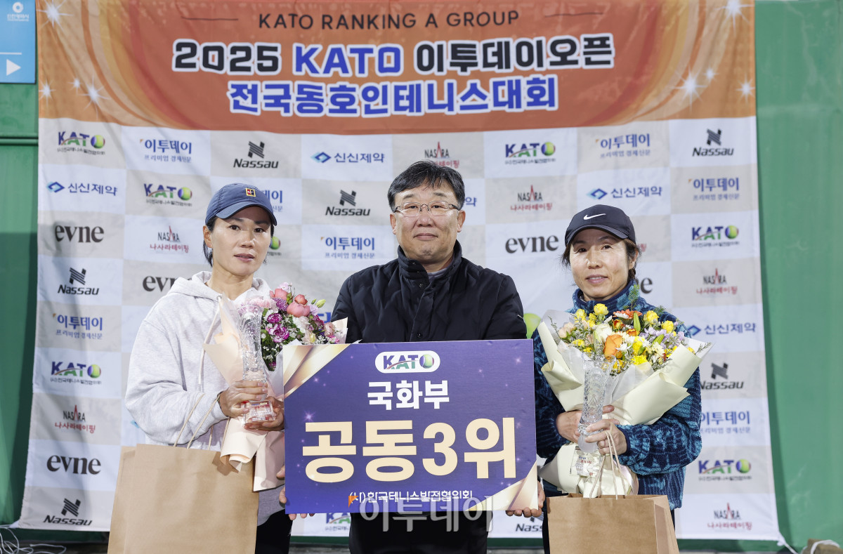 ▲7일 인천 부평구 열우물 테니스장에서 열린 2025 KATO 이투데이 오픈 전국동호인 테니스 대회 시상식에서 국화부 공동3위조인 김은경(왼쪽), 김지숙 선수와 시상자인 한승훈 이투데이 상무가 기념촬영을 기념촬영을 하고 있다. 조현호 기자 hyunho@