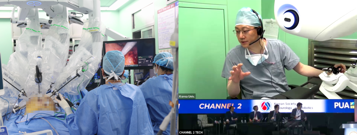 ▲강석호 고려대학교 안암병원 비뇨의학과 교수가 11월 21일 필리핀 비뇨의학회(PUA) 국제학술대회 라이브 서저리 세션에서 국내 학회인 대한비뇨내시경로봇학회(KSER)를 대표해 방광암 로봇수술과 총체내요로전환술을 원격 라이브서저리로 진행 중이다. (고려대학교 안암병원)
