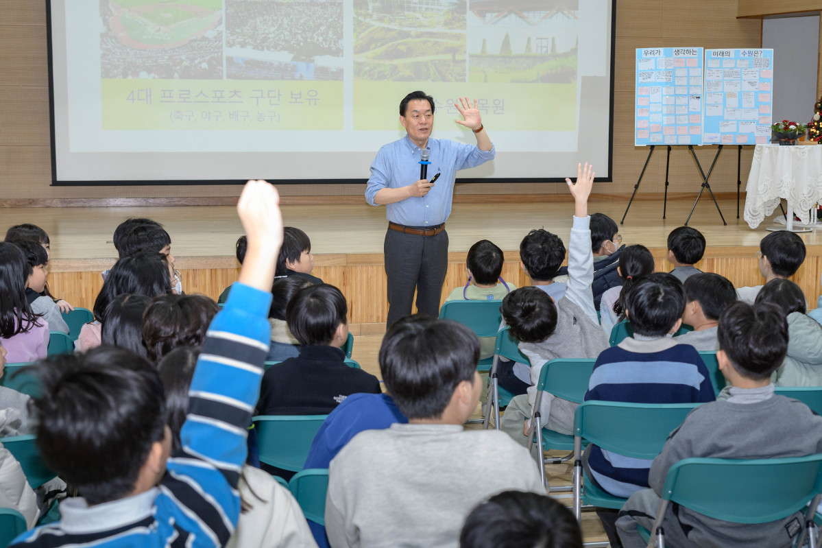 ▲어린이들의 질문을 듣고 답하고 있는 이재준 시장. (수원특례시)