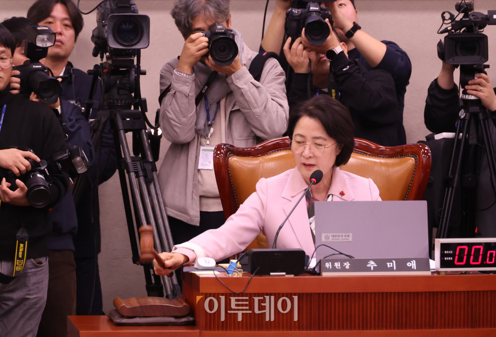 ▲10일 서울 여의도 국회에서 열린 법제사법위원회 전체회의에서 추미애 위원장이 의사봉을 두드리고 있다. 고이란 기자 photoeran@