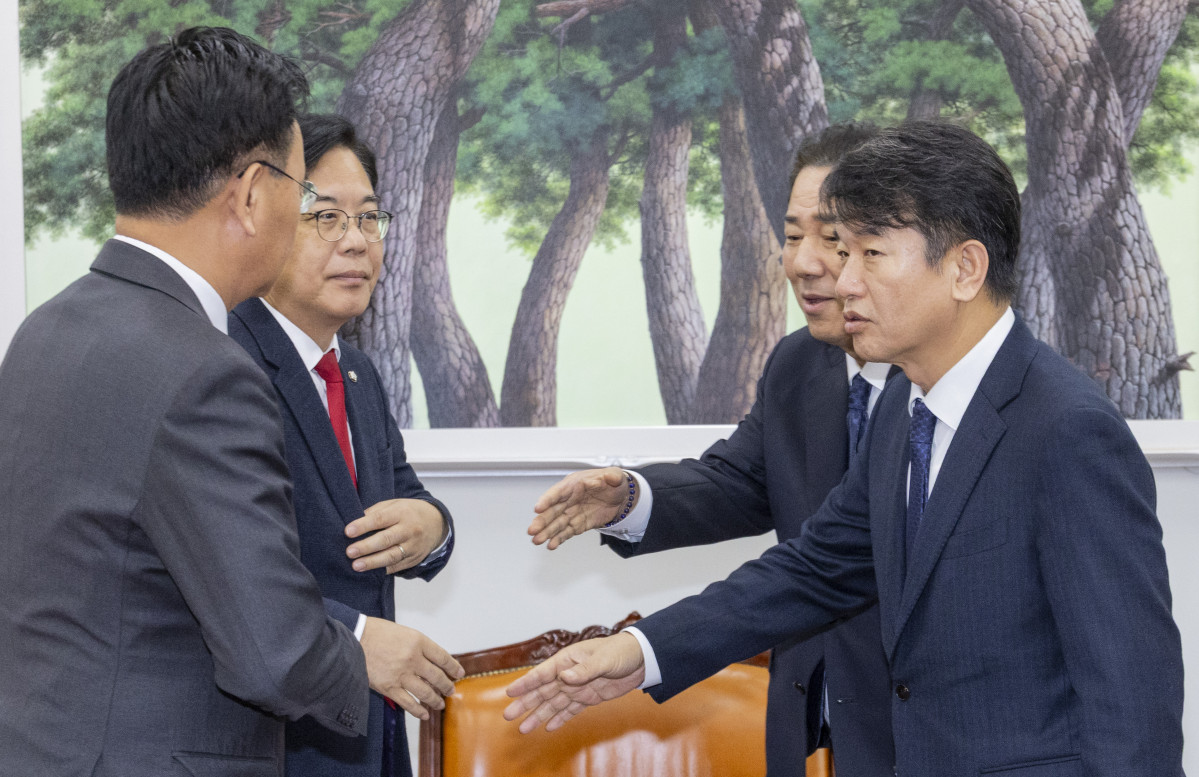 ▲더불어민주당 김병기 원내대표(오른쪽 뒤), 문진석 원내운영수석부대표(오른쪽 앞)와 국민의힘 송언석 원내대표(왼쪽 뒤), 유상범 원내운영수석부대표가 12월 임시국회 일정과 본회의 의제 협의를 위해 10일 국회에서 만나 악수하고 있다. 2025.12.10 (연합뉴스)