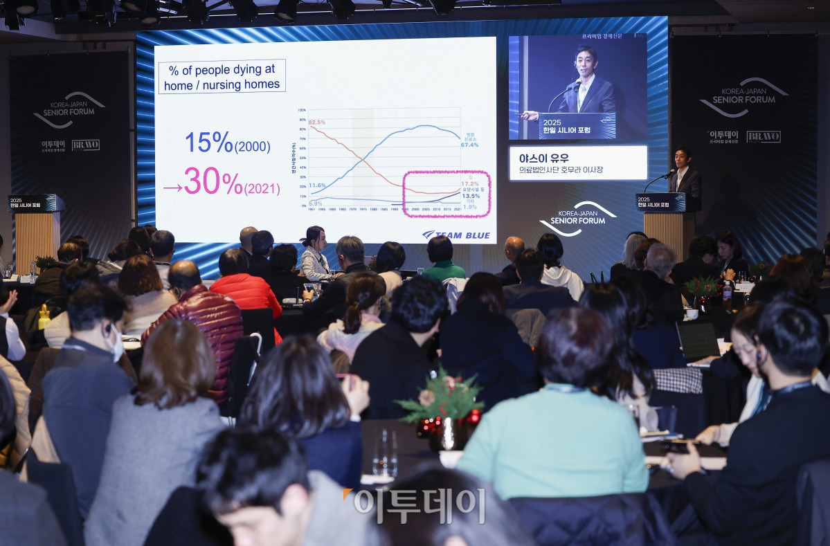 ▲야스이 유우 의료법인사단 호무라 이사장이 11일 서울 강남구 웨스틴 서울 파르나스 아틀라스홀에서 열린 2025 한일 시니어 포럼 세션1 혁신 기술과 커뮤니티 기반 의료·헬스케어 혁신에서 재택 중심 의료 전환과 '집으로 돌아가자 병원'의 도전을 주제로 발표를 하고 있다. 이투데이가 주최하고 이투데이피앤씨와 브라보마이라이프가 주관하는 한일 시니어포럼은 시니어 이코노미를 핵심 주제로, 양국의 정책적 과제와 산업적 해법을 심도 있게 논의하는 국제 교류의 장으로서 시니어 비즈니스가 미래 성장을 견인하는 주체임을 강조하며, 생태계 활성화를 위한 정책·비즈니스·기술·문화 전반에서 필요한 혁신과 전환점을 모색한다. 조현호 기자 hyunho@