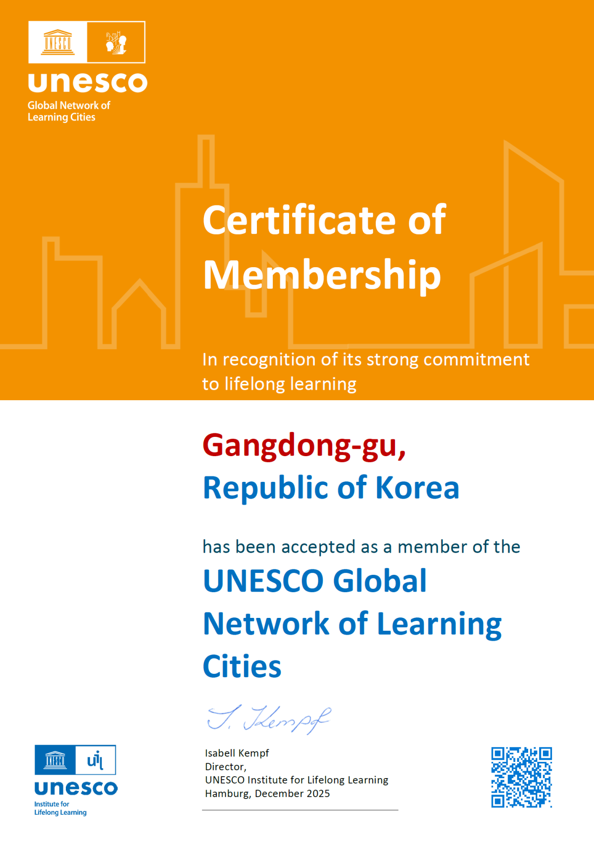 ▲유네스코 글로벌 학습도시 인증서 (강동구청)