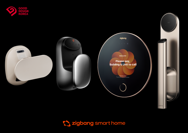 ▲직방 굿디자인어워드 수상작들. (왼쪽부터) 도어록 헤이븐1, 헤이븐2, 로비폰 알파, 어반2. (사진제공=직방)