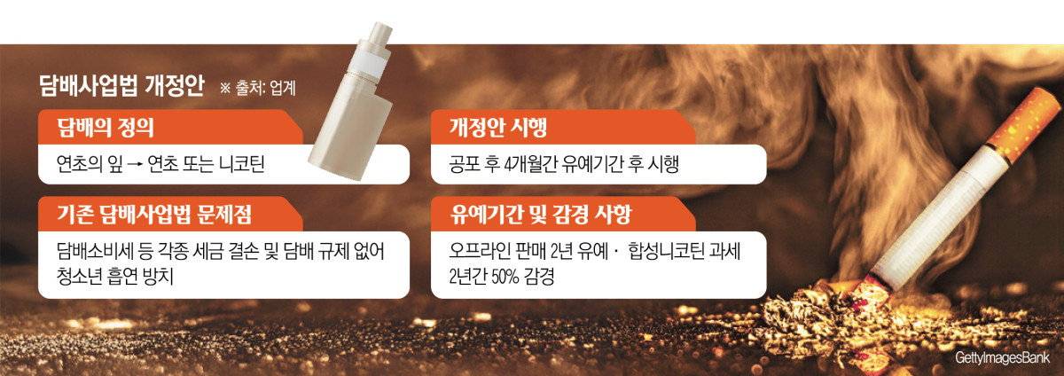 ▲합성니코틴 규제를 담은 담배사업법 개정안 내용 (이투데이 그래픽팀=신미영 기자)