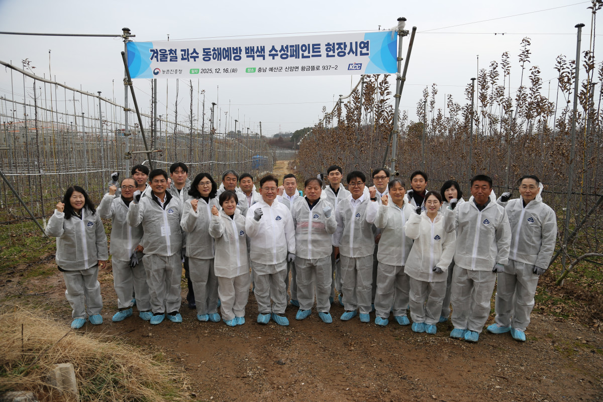 ▲이승돈 농촌진흥청장(앞줄 왼쪽에서 여섯 번째)이 16일 충남 예산군 신암면의 사과 재배 농가를 찾아 과수 전용 백색 페인트 도포 작업을 시연한 후 기념 촬영을 하고 있다. (사진제공=농촌진흥청)