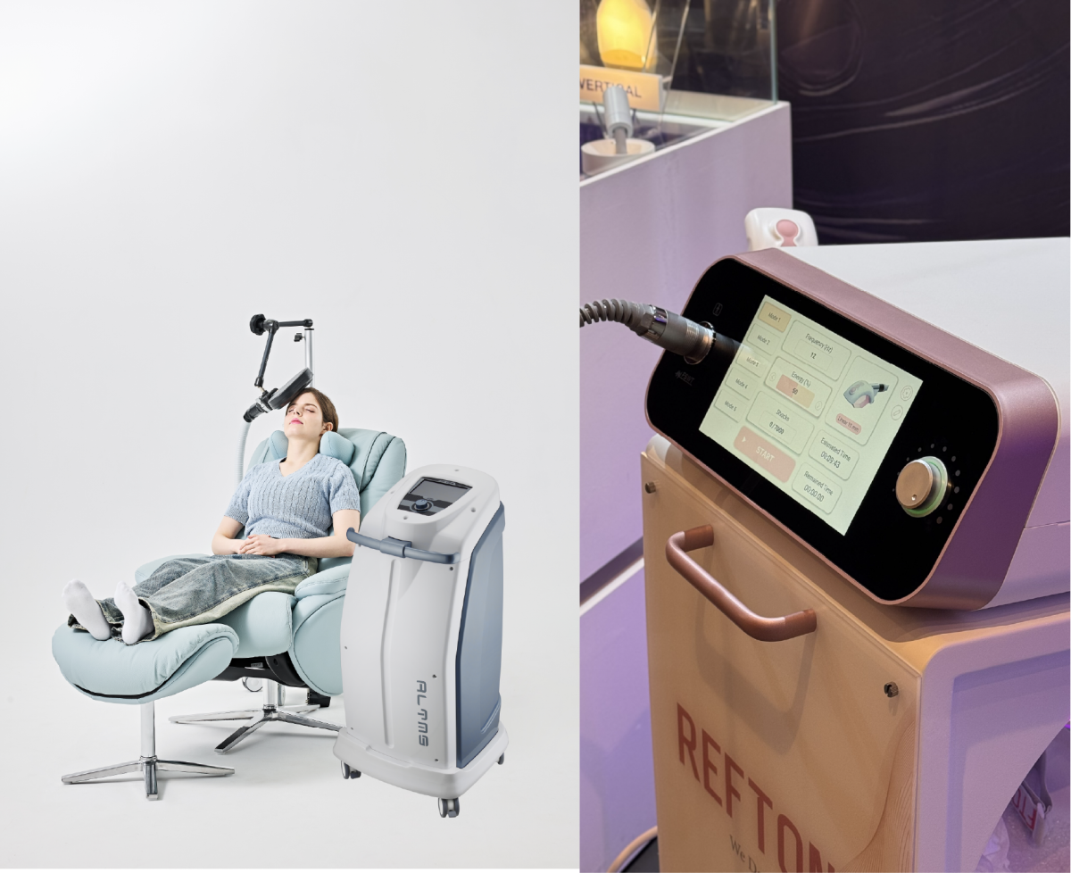 ▲리메드의 TMS 장비 ‘ALTMS’(오른쪽)와 에스테틱 장비 ‘REFTONE’. (사진제공=리메드)