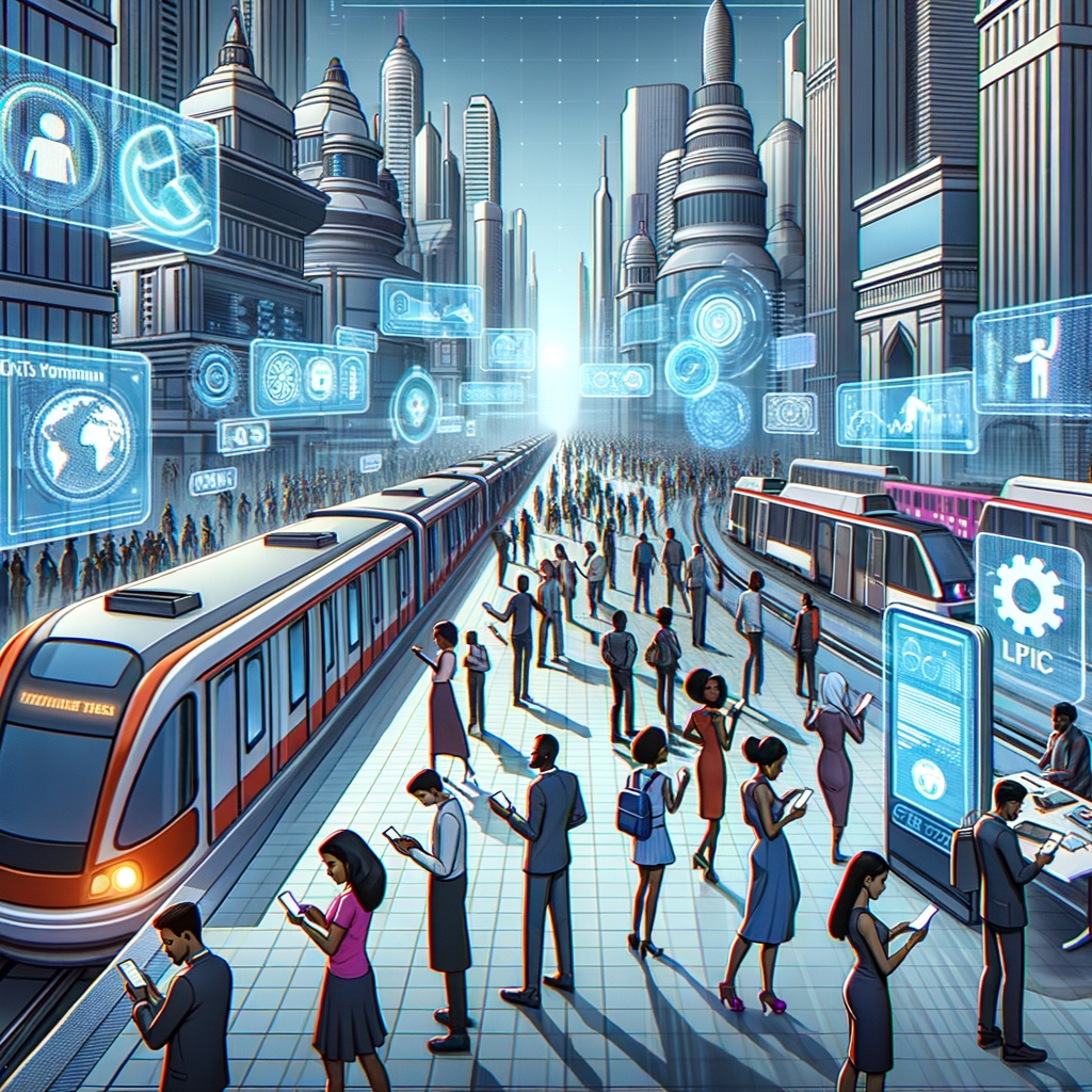 ▲시민 정보와 뉴스를 표시하는 디지털 화면을 통해 지하철, 버스 등 다양한 형태의 대중교통을 보여주는 미래형 도시 이미지 (김재학 기자·오픈AI 달리)