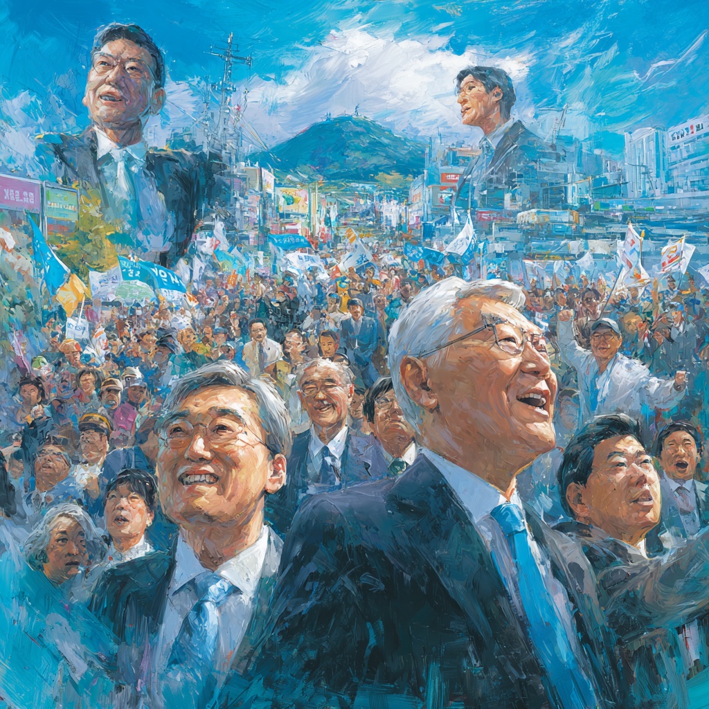 ▲ 대한민국 경기도의 분주한 선거 캠페인을 묘사하는 역동적이고 강렬한 정치 장면. (김재학 기자·오픈AI 달리)