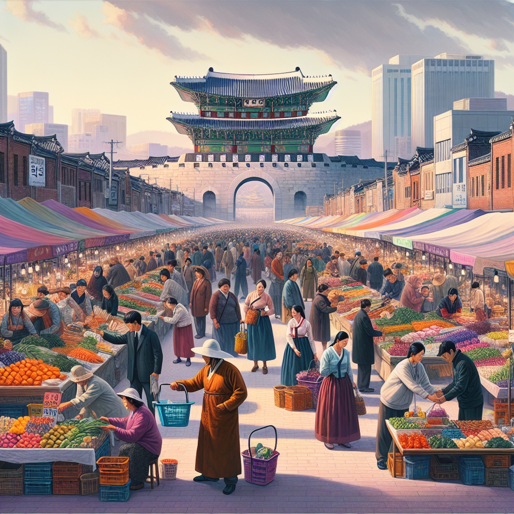 ▲신선한 농산물과 지역 상품을 판매하는 활기 넘치는 가판대가 있는 대한민국 수원의 활기 넘치는 시장입니다. 사람들은 지역사회 회복과 경제 활력을 상징하는 다채로운 소비자 쿠폰을 즐겁게 사용하는 이미지. (김재학 기자·오픈AI 달리)