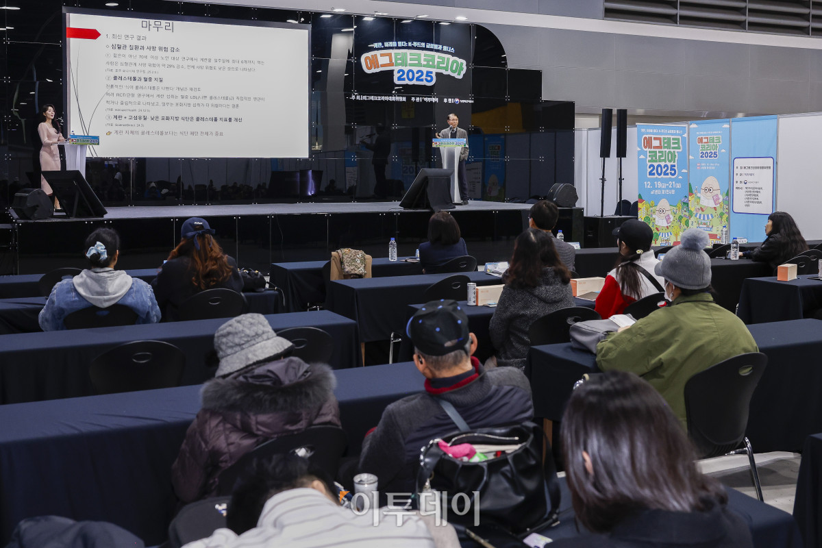 ▲20일 서울 서초구 aT센터에서 열린 ‘에그테크코리아 2025’(EggTech Korea 2025) 건강포럼에서 이성기 강원대학교 동물생명과학 명예교수가 과학세션 발표를 하고 있다. 이투데이가 주최하는 '에그테크코리아 2025'는 스마트양계·스마트팜 기술, 동물복지 및 HACCP 생산공정, 로컬푸드 개발, 친환경 패키징, 유정란·디저트 등 건강한 먹거리 산업의 전 과정을 대중에 공개하는 국내 최초의 전시회로 21일 까지 진행된다. 이번 행사는 ‘계란·미래·K 푸드·웰니스’를 핵심 키워드로, 60개사 100부스가 참여하는 대규모 B2C·B2B 융합형 페스티벌로 꾸며진다. 1270만 구독자를 보유한 국내 대표 먹방 크리에이터 쯔양이 홍보대사로 나서며, 의학 유튜브 채널 ‘닥터프렌즈’(140만 구독자)와 '닥터딩요'(81만 구독자)가 건강·식품안전 관련 토크콘서트에 참여한다. 조현호 기자 hyunho@