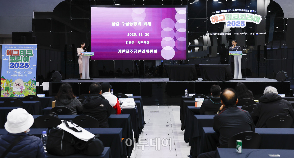 ▲20일 서울 서초구 aT센터에서 열린 ‘에그테크코리아 2025’(EggTech Korea 2025) 건강포럼에서 김종준 계란자조금관리위원회 사무국장이 '달걀 생산·수급 동향과 과제'를 주제로 산업세션 발표를 하고 있다. 이투데이가 주최하는 '에그테크코리아 2025'는 스마트양계·스마트팜 기술, 동물복지 및 HACCP 생산공정, 로컬푸드 개발, 친환경 패키징, 유정란·디저트 등 건강한 먹거리 산업의 전 과정을 대중에 공개하는 국내 최초의 전시회로 21일 까지 진행된다. 이번 행사는 ‘계란·미래·K 푸드·웰니스’를 핵심 키워드로, 60개사 100부스가 참여하는 대규모 B2C·B2B 융합형 페스티벌로 꾸며진다. 1270만 구독자를 보유한 국내 대표 먹방 크리에이터 쯔양이 홍보대사로 나서며, 의학 유튜브 채널 ‘닥터프렌즈’(140만 구독자)와 '닥터딩요'(81만 구독자)가 건강·식품안전 관련 토크콘서트에 참여한다. 조현호 기자 hyunho@