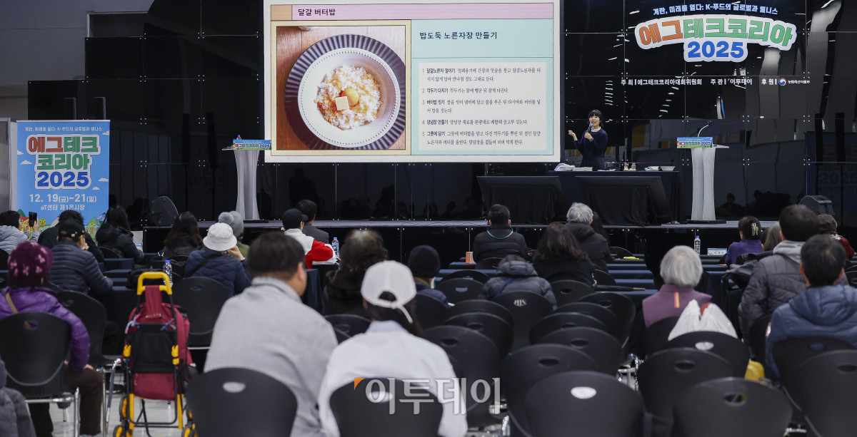 ▲20일 서울 서초구 aT센터에서 열린 ‘에그테크코리아 2025’(EggTech Korea 2025) 건강포럼에서 손성희 푸드 디렉터가 '달걀, 어디까지 해봤니?'를 주제로 계란 요리를 소개하고 있다. 이투데이가 주최하는 '에그테크코리아 2025'는 스마트양계·스마트팜 기술, 동물복지 및 HACCP 생산공정, 로컬푸드 개발, 친환경 패키징, 유정란·디저트 등 건강한 먹거리 산업의 전 과정을 대중에 공개하는 국내 최초의 전시회로 21일 까지 진행된다. 이번 행사는 ‘계란·미래·K 푸드·웰니스’를 핵심 키워드로, 60개사 100부스가 참여하는 대규모 B2C·B2B 융합형 페스티벌로 꾸며진다. 1270만 구독자를 보유한 국내 대표 먹방 크리에이터 쯔양이 홍보대사로 나서며, 의학 유튜브 채널 ‘닥터프렌즈’(140만 구독자)와 '닥터딩요'(81만 구독자)가 건강·식품안전 관련 토크콘서트에 참여한다. 조현호 기자 hyunho@