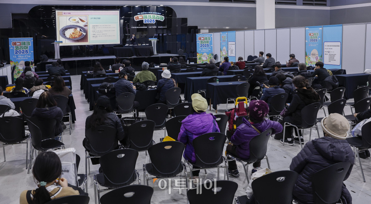 ▲20일 서울 서초구 aT센터에서 열린 ‘에그테크코리아 2025’(EggTech Korea 2025) 건강포럼에서 손성희 푸드 디렉터가 '달걀, 어디까지 해봤니?'를 주제로 계란 요리를 소개하고 있다. 이투데이가 주최하는 '에그테크코리아 2025'는 스마트양계·스마트팜 기술, 동물복지 및 HACCP 생산공정, 로컬푸드 개발, 친환경 패키징, 유정란·디저트 등 건강한 먹거리 산업의 전 과정을 대중에 공개하는 국내 최초의 전시회로 21일 까지 진행된다. 이번 행사는 ‘계란·미래·K 푸드·웰니스’를 핵심 키워드로, 60개사 100부스가 참여하는 대규모 B2C·B2B 융합형 페스티벌로 꾸며진다. 1270만 구독자를 보유한 국내 대표 먹방 크리에이터 쯔양이 홍보대사로 나서며, 의학 유튜브 채널 ‘닥터프렌즈’(140만 구독자)와 '닥터딩요'(81만 구독자)가 건강·식품안전 관련 토크콘서트에 참여한다. 조현호 기자 hyunho@