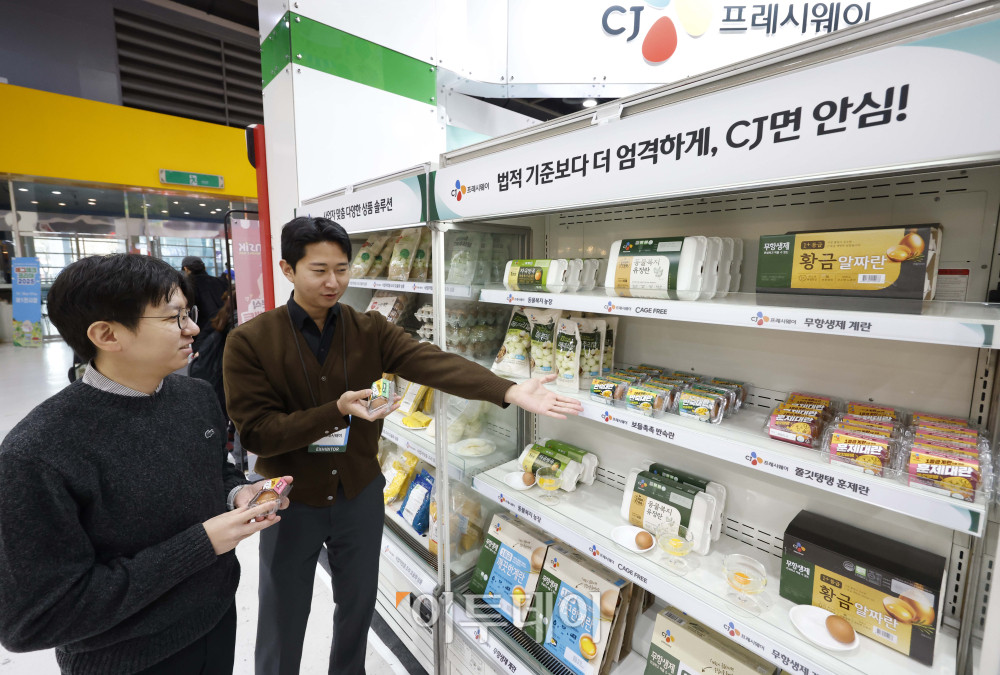 ▲21일 서울 서초구 aT센터에서 열린 '에그테크코리아 2025(EggTech Korea 2025)'에서 CJ프레시웨이 부스 관계자가 다양한 용도에 맞게 활용할 수 있는 16종의 계란 자체 브랜드(PB) 상품을 소개하고 있다. 고이란 기자 photoeran@