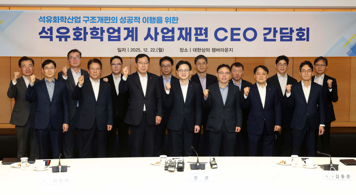 ▲22일 서울 중구 대한상공회의소에서 열린 ‘석유화학업계 사업재편 CEO 간담회’에서 김정관 산업통상부 장관과 업계 CEO들이 기념촬영을 하고 있다. 신태현 기자 holjjak@