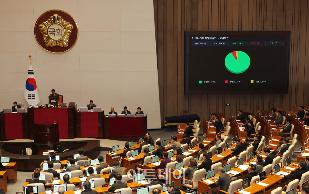 ▲22일 서울 여의도 국회에서 본회의에서 정치개혁 특별위원회 구성결의안이 가결되고 있다. 고이란 기자 photoeran@