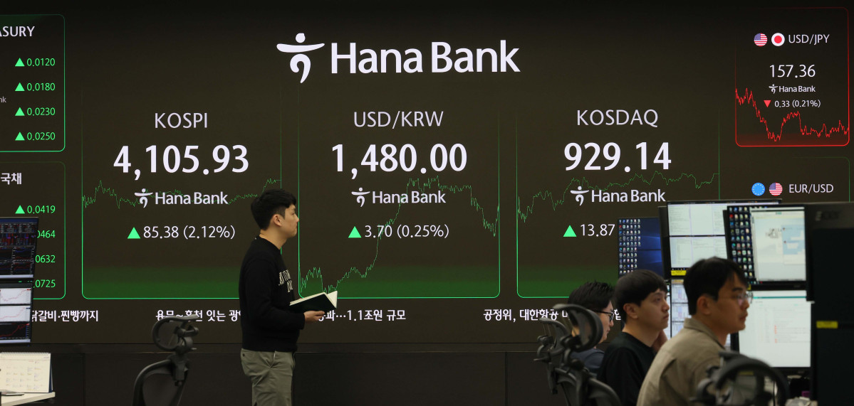 ▲코스피가 반도체 대형주를 중심으로 매수세가 확대되며 4100선을 회복했다. 22일 서울 중구 하나은행 딜링룸 모니터에 코스피와 원·달러환율 등 시황이 표시되고 있다. 이날 코스피는 전 거래일 보다 85.38포인트(2.12%) 오른 4105.93으로 장을 마쳤다. 신태현 기자 holjjak@