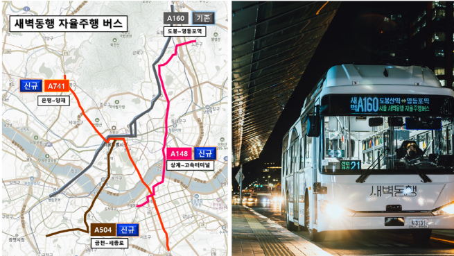 ▲서울시 새벽동행 자율주행 버스 노선도(왼쪽)와 주행 모습. (사진제공=서울시)