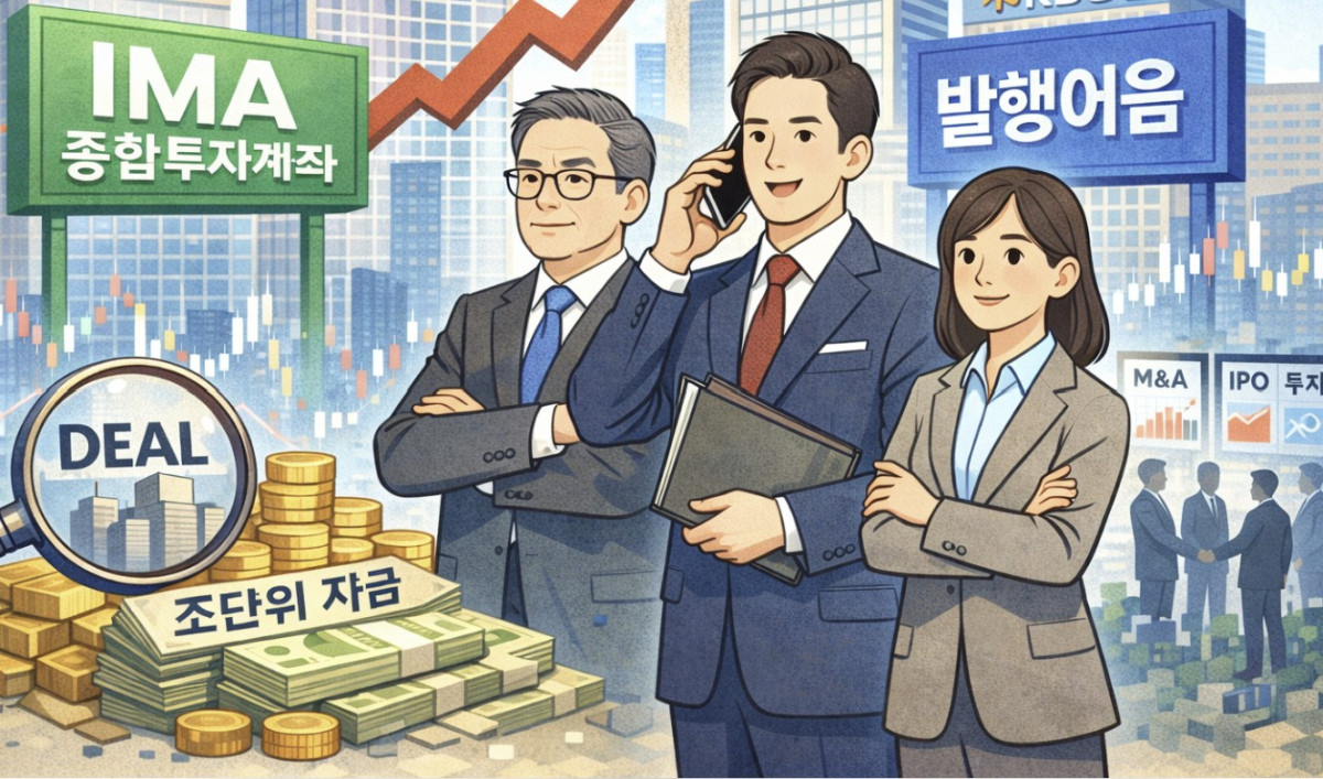 ▲조(兆) 단위 자금 운용 경쟁이 본격화된 가운데, 23일 금융 투자 전문가들이 IMA 종합투자계좌와 발행어음 관련 금융 거래를 상징적으로 나타내는 이미지가 주목받고 있다. (출처=챗GPT)