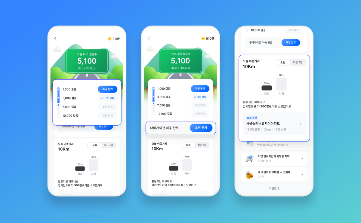 ▲국내 1위 내비게이션 애플리케이션 티맵을 운영하는 티맵모빌리티는 일상의 모든 이동을 간편하게 관리하고 포인트 적립과 보험 할인 혜택을 누릴 수 있는 티맵 만보기 서비스를 출시했다고 26일 밝혔다. (사진제공=티맵모빌리티)