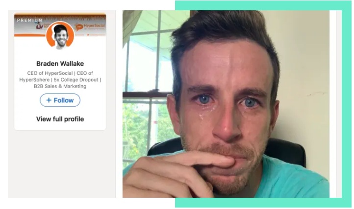 ▲하이퍼소셜의 브레이든 월레이크 최고경영자(CEO)가 링크드인에 게시한 눈물 셀카. (출처 링크드인)