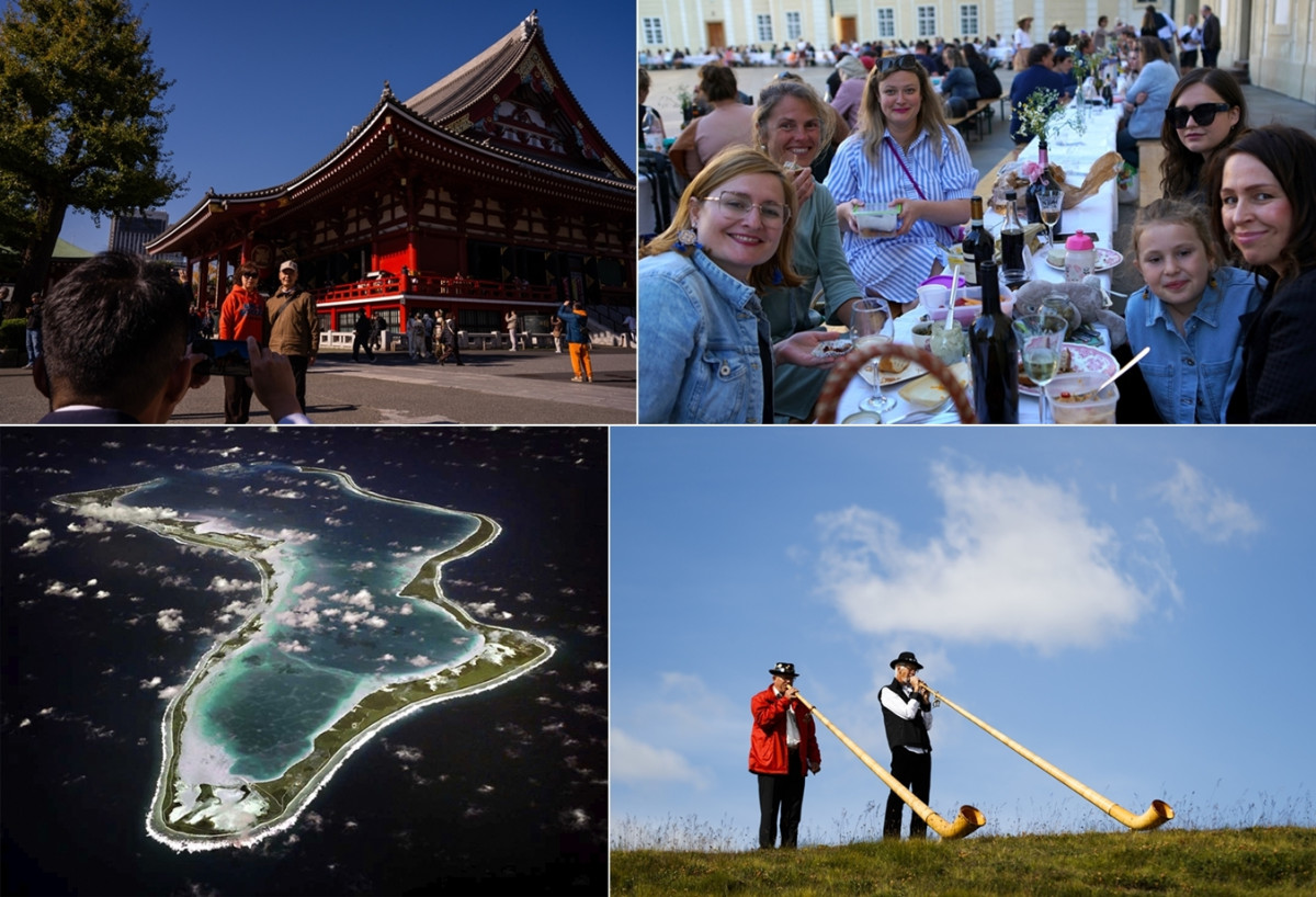 ▲US뉴스&월드리포트가 뽑은 ‘2026 베스트 휴가지’ 톱5에 이름을 올린 주요 관광지 모습. 사진 왼쪽 위부터 시계방향으로 일본 도쿄, 체코 프라하, 스위스 알프스, 모리셔스 등이다.  (AP·신화뉴시스)