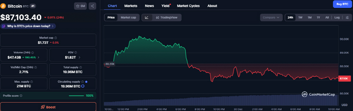 ▲비트코인 등락 추이. 30일 오전 10시 30분 현재 8만7103.40달러. 출처 코인마켓캡