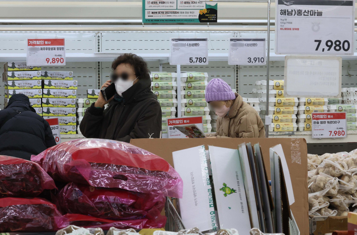 ▲지난달 추석 효과가 소멸되면서 소비가 크게 위축된 반면, 생산과 투자는 조업일수 증가 등의 영향으로 소폭 회복세를 보였다. 30일 국가데이터처의 ‘11월 산업활동동향’에 따르면 지난달 전산업생산 지수는 113.7(2020년=100)로 전월 대비 0.9% 증가했으나, 소매판매액 지수는 전월 대비 3.3% 급락해 작년 2월 이후 21개월 만에 최대 감소 폭을 기록했다. 소매판매는 8월과 9월 감소 이후 10월 일시 반등했지만 다시 감소세로 돌아섰다. 음식료품 등 비내구재 판매는 4.3% 줄었고, 의복 등 준내구재도 3.6% 감소했다. 이날 서울의 한 대형마트에서 시민들이 장을 보고 있다. 신태현 기자 holjjak@