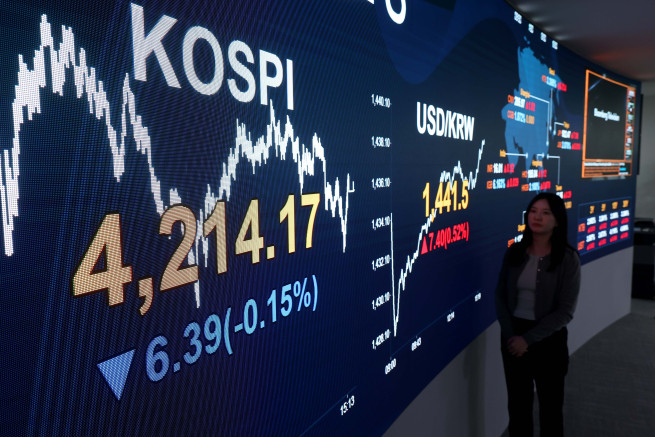 ▲2025년 증시폐장일인 30일 서울 여의도 KB국민은행 스마트딜링룸 모니터에 코스피 종가가 표시되고 있다. 이날 코스피는 전장 대비 6.39포인트(0.15%) 내린 4214.17에 거래를 마쳤다. 이날 서울 외환시장에서 원·달러 환율은 전 거래일보다 9.2원 오른 1439.0원으로 주간 거래를 마감했다. 신태현 기자 holjjak@