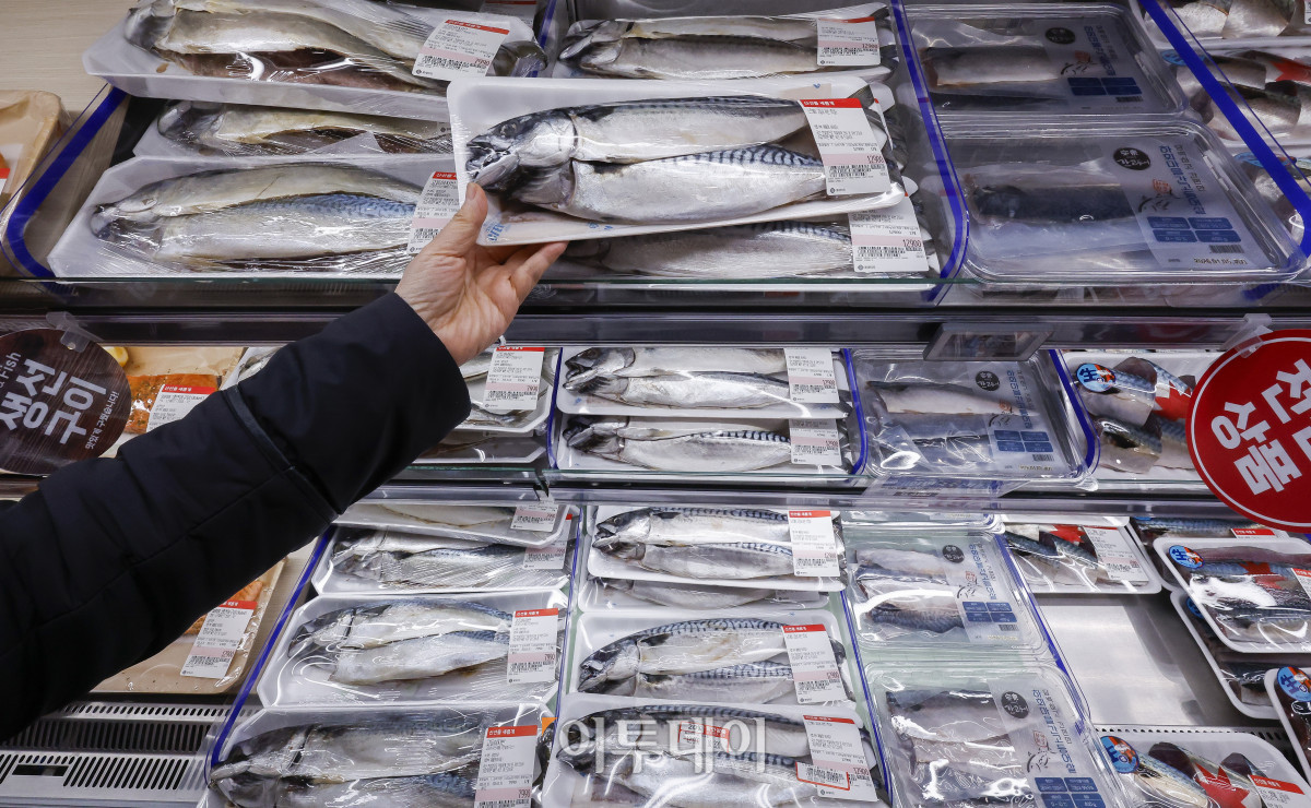 ▲국민 생선인 고등어가 가파른 가격 상승세를 보이고 있다. 1일 한국농수산식품유통공사 집계에 따르면 수입산 염장(대) 고등어 한 손 소매가격은 작년 12월 평균 1만363원으로 1만원을 넘어섰다. 이는 한 달 전(9828원)보다 500원 이상 상승하고, 전년 같은 기간(8천48원)보다 2천원 넘게 상승한 금액이다. 이날 서울 시내 한 대형마트에 고등어가 진열되어 있다. 조현호 기자 hyunho@