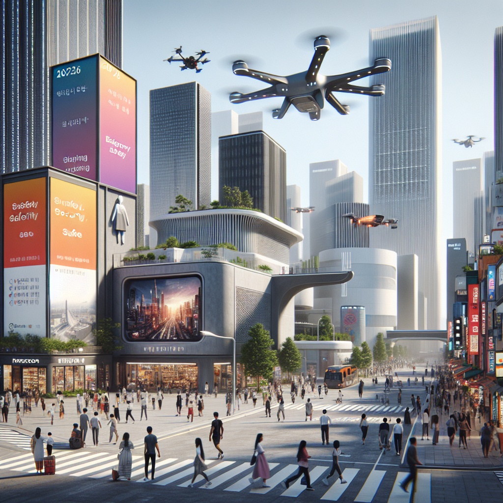 ▲도심 상공 드론과 보행 중심 거리, 복합 기능 건축물이 어우러진 안전미래형 도시 이미지는 수원특례시가 지향하는 안전스마트도시 비전을 상징적으로 보여준다. (김재 기자·오픈AI 달리)