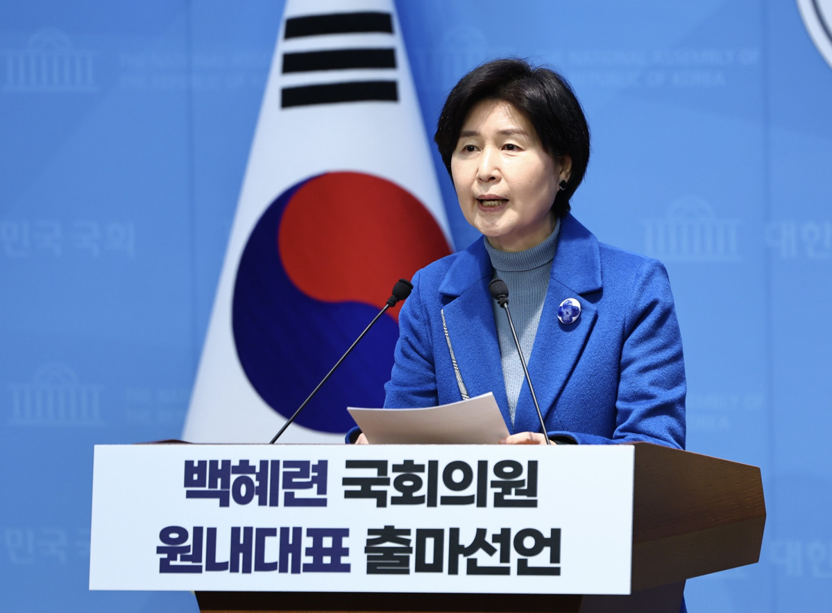 ▲백혜련 더불어민주당 의원이 2일 오후 서울 여의도 국회 의원회관에서 원내대표 보궐선거 출마선언 기자회견을 하고 있다. (사진=뉴시스)