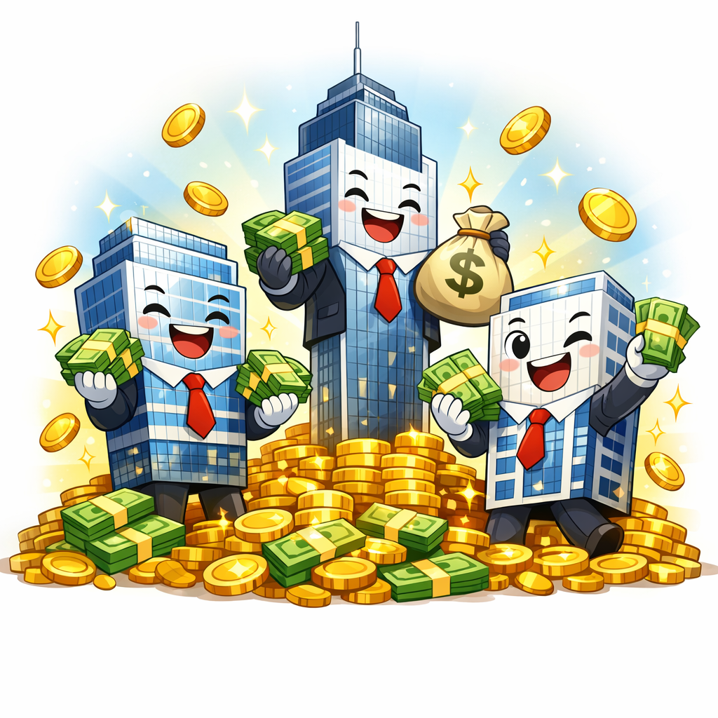 ▲올해 증시 거래대금 증가와 실적 개선 흐름을 배경으로, 의인화된 빌딩들이 돈으로 가득한 금화와 지폐 더미 주위에 서 있는 명랑한 분위기의 참고 이미지가 연출되고 있다. (출처=챗GPT)