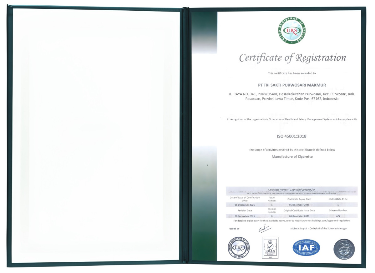 ▲KT&G 인도네시아 공장 'ISO 45001' 인증서 (사진제공=KT&G)