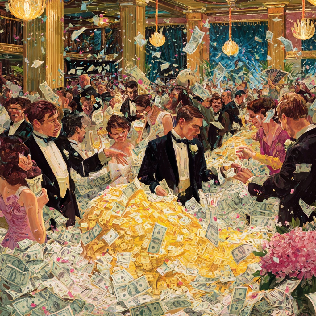 ▲연말 배당락 이후 투자자들이 주목하는 1월, 황금빛 장식과 돈다발이 어우러진 파티장에서 많은 사람들이 부유한 분위기 속에 테이블에 모여 있는 모습이 연초 고배당주 투자 관심을 상징적으로 보여주고 있다. (미드저니)