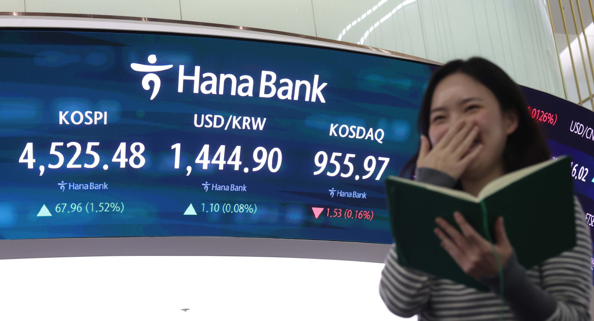 ▲코스피가 새해 3거래일 연속 역대 최고치를 기록하며 4500선을 돌파했다. 6일 서울 중구 하나은행 딜링룸 모니터에 코스피와 원·달러환율 등 시황이 표시되고 있다. 이날 코스피는 전 거래일 보다 67.96포인트(1.52%) 오른 4525.48로 장을 마쳤다. 2일 처음 4300선을 넘은 코스피는 5일 4400선을 돌파한 지 하루 만에 4500선 고지마저 넘어섰다. 신태현 기자 holjjak@