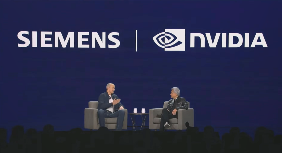 ▲롤란트 부시 지멘스 최고경영자(CEO·왼쪽)와 젠슨 황 엔비디아 CEO가 6일(현지시간) 미국 라스베이거스에서 열린 'CES 2026'에서 CEO 대담을 갖고 있다. (출처=지멘스 유튜브 )