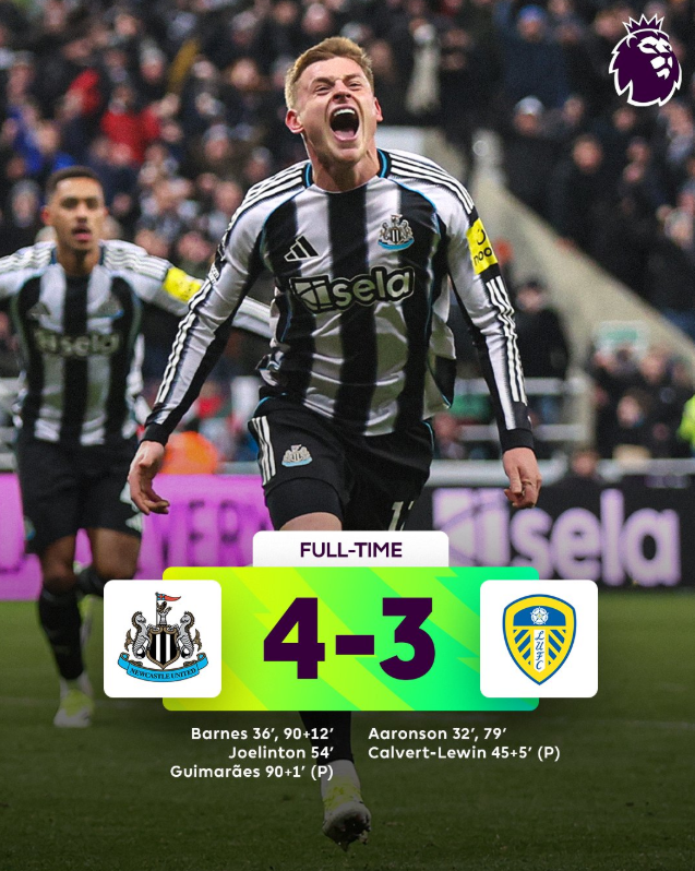 ▲하비 반스 뉴캐슬 선수는 8일 2025~2026 영국 프리미어리그(EPL) 21라운드 홈 경기에서 추가시간 극적인 골로 리즈 유나이티드를 4대 3으로 제압했다. (엑스(X))