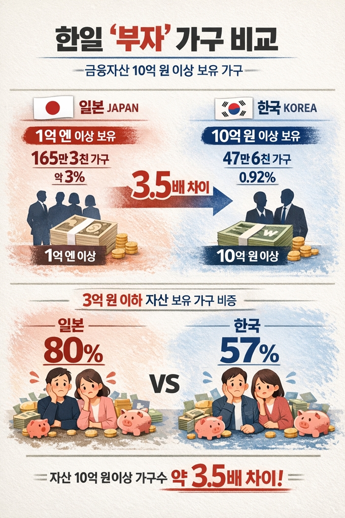 ▲한일 양국 ‘부자’들 가운데 금융자산 약 10억 원을 보유한 이들의 수가 3.5배가량 차이 나는 것으로 나타났다. (황수민 기자)