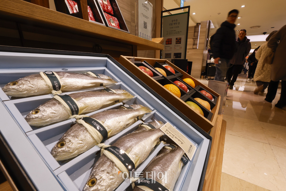 ▲백화점 3사(롯데·신세계·현대백화점)가 설 명절을 앞두고 선물세트 사전예약 판매에 돌입한 9일 서울 중구 롯데백화점 본점에 설 선물세트가 진열돼 있다. 롯데백화점은 전 점포에서 한우·청과·수산 선물세트 사전예약 판매를 진행하며 혼합 한우 기프트와 소포장 수산물, 프리미엄 반찬 세트 등 실속형·간편형 상품 구성을 강화했다. 신세계백화점은 한우·청과·수산·와인 등 490여 품목을 최대 60% 할인하고, 10만~30만원대 상품과 암소 한우 물량을 확대하고, 사전예약 상품은 SSG닷컴과 비욘드신세계에서도 동일하게 판매된다. 현대백화점은 예약 물량을 전년 대비 20% 늘리고 한우·혼합과일 등 인기 상품 중심으로 구성해 더현대닷컴과 현대H몰에서도 설 선물세트 행사를 진행한다. 조현호 기자 hyunho@
